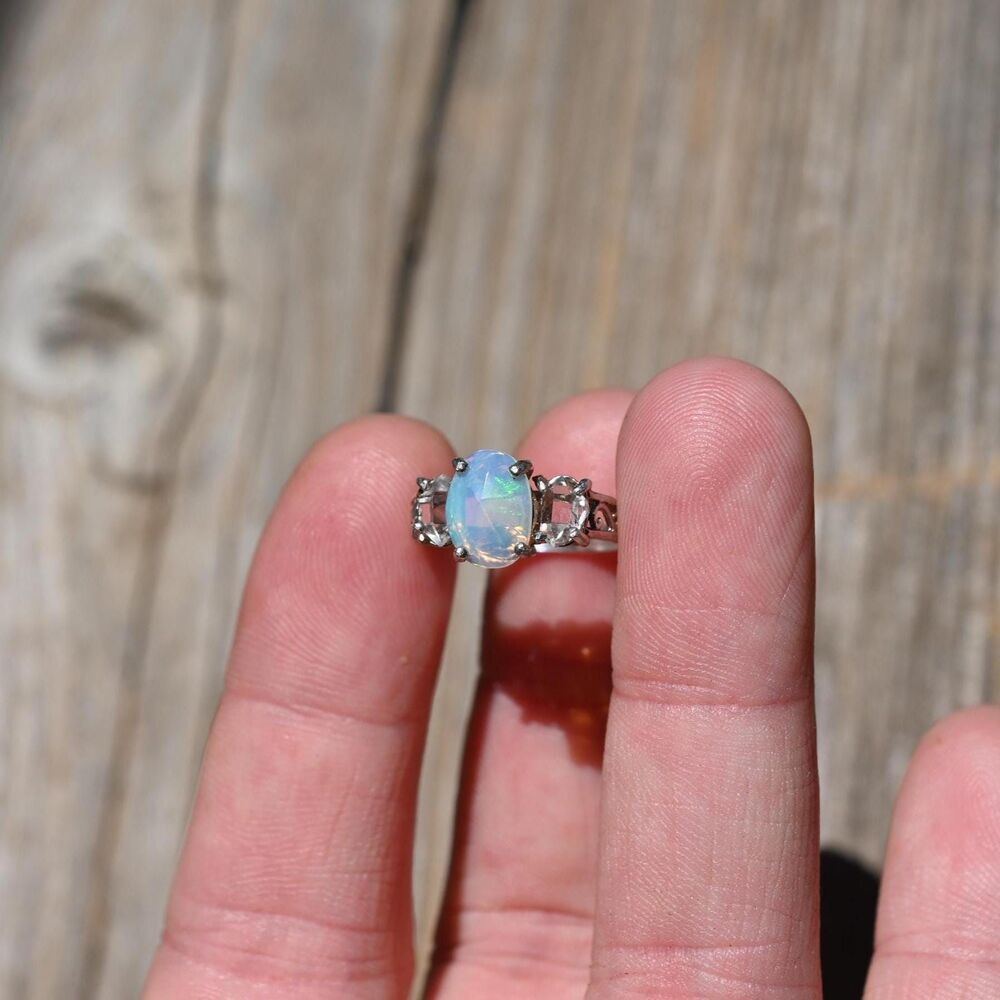 Engagement ring Opal & Herkimer diamond Ring in Sterling Silver – Unique Fire Pl